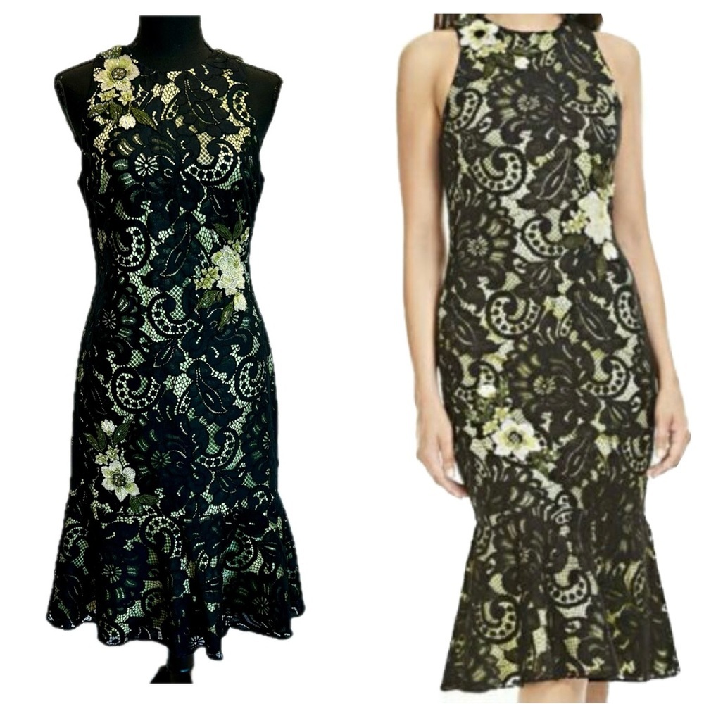 Theia black lace green sequin beaded floral appliqué sleeveless ruffle dress 6
